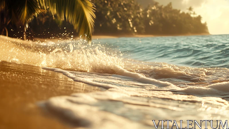 Golden Hour Tropical Shoreline with Wave Foam Detail and Palm Fronds