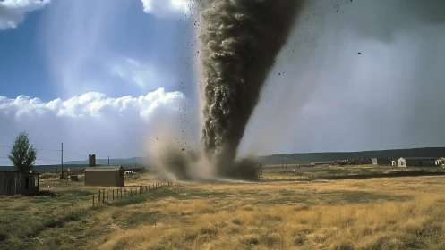 Massive tornado crossing dry rural plains near homes.