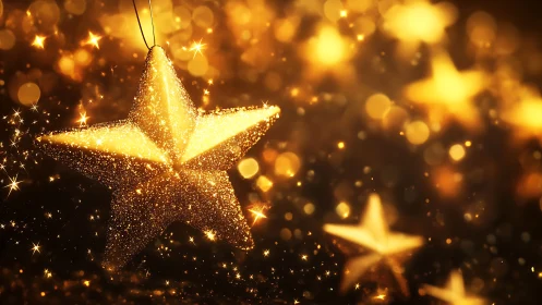Glittering star ornament is suspended in warm bokeh field