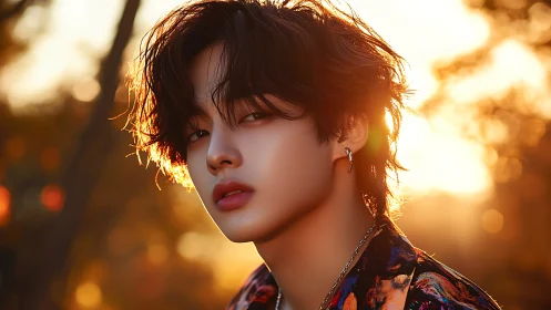 Softly backlit portrait of androgynous youth at golden hour