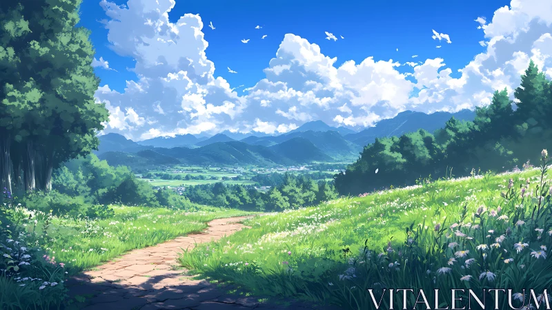 Sunlit country path wanders through peaceful green valley