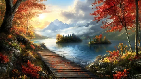 Wooden lakeside walkway facing distant misty mountains.