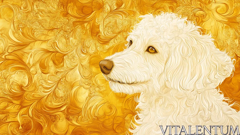 Curly white dog portrait in ornate golden swirl backdrop.
