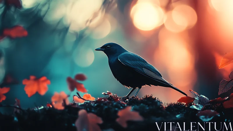 Blackbird Perched in Autumn Forest, Vibrant Bokeh Photography.
