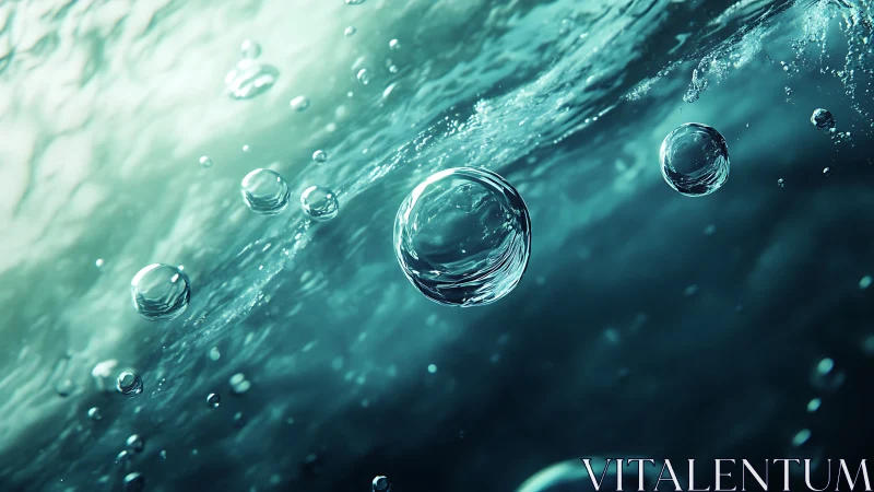 Macro 3D visualization of underwater bubbles in teal gradient.
