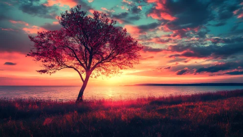 Solitary tree stands against vivid sunset over calm water