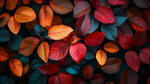 Color-varied foliage with contrasting red, orange and teal leaves.