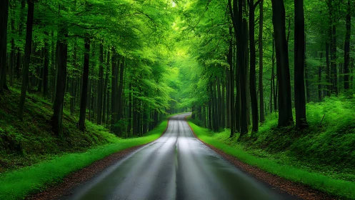 Serene Winding Road Through Lush Green Forest, Photorealistic Style.