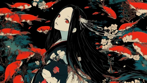 Melancholic girl drifts among crimson koi in a dreamlike void
