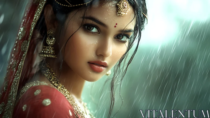 Photoreal Indian bridal portrait in monsoon rain close-up
