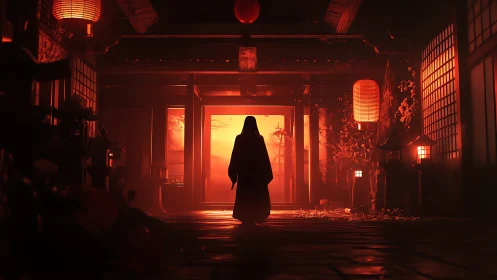 Lone cloaked figure in lantern lit Japanese hallway at dusk.