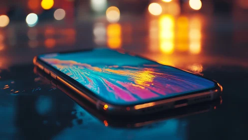 Smartphone on wet surface with vivid screen reflections.