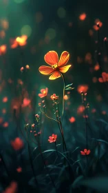 Orange cosmos flowers illuminated against blurred green background