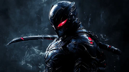 Tactical cybernetic swordsman with emissive ocular armor profile.