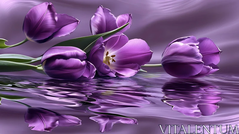 Purple Tulips Floating Over Water Surface Reflections.