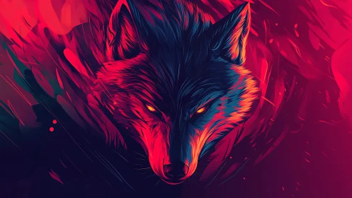 Neon wolf head in vivid red and blue digital flames.