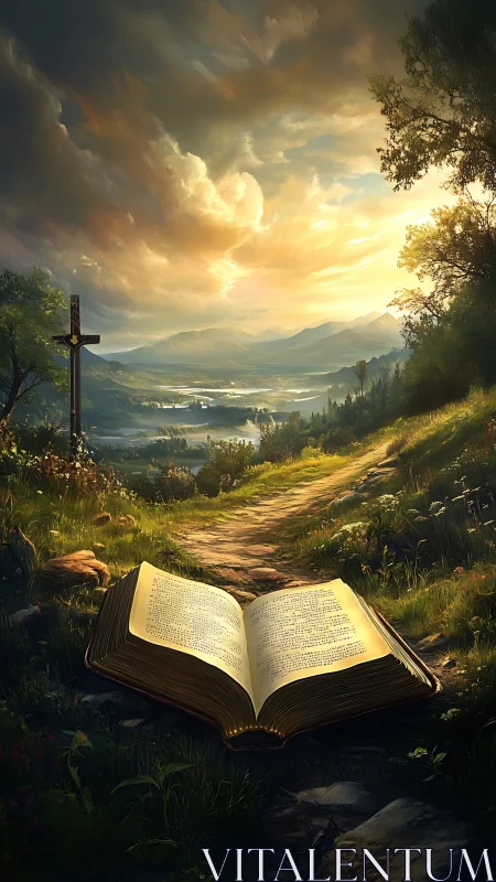 Sunlit scripture unfurls a winding path toward distant grace