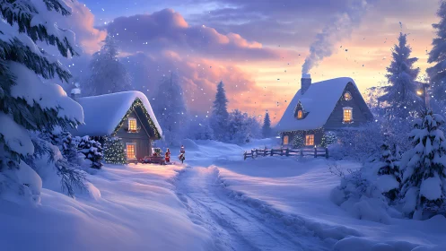Snowy holiday cottages glow under soft winter sunset sky.