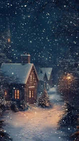 Snowy village cottages with warm lights at winter night.