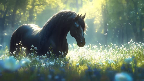 Black horse stands in sunlit wildflower meadow in forest