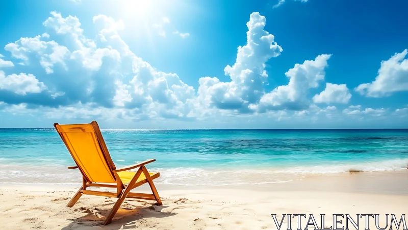 Yellow beach chair facing clear turquoise ocean horizon.