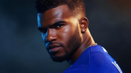Male subject in blue jersey under directional studio lighting.