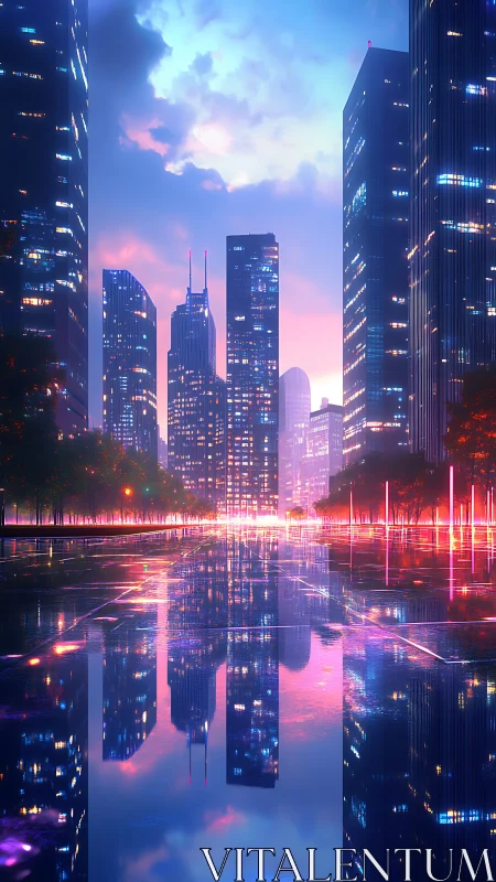 Neon dusk skyline reflects in rain-slick futuristic plaza grid