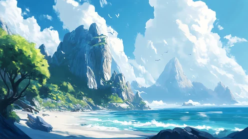 Towering Coastal Cliffs with Emerald Vegetation and Turquoise Waters.