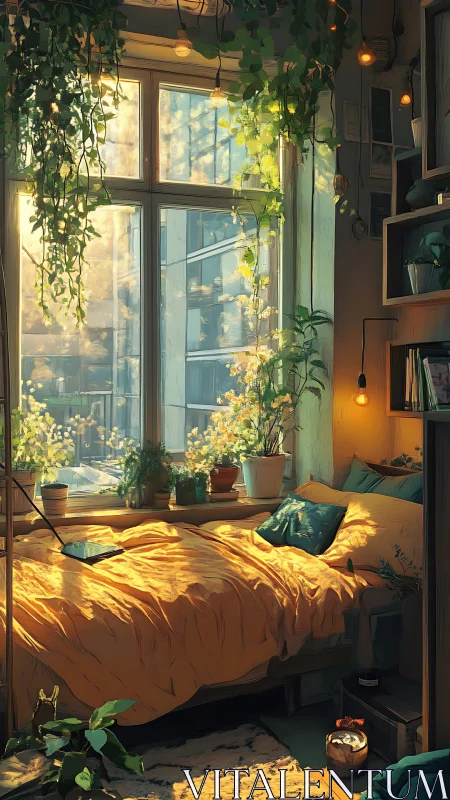 Digital painting of sunlit urban bedroom with lush indoor garden.