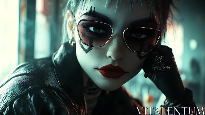 Edgy sunglasses rebel leans close with bold red lips and stare