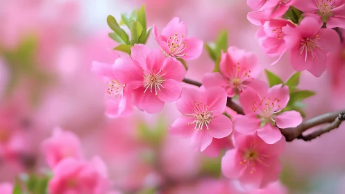 Pink flowering cherry blossoms clustered on single branch with green foliage.