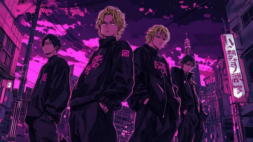 Neon-lit urban gang quartet under magenta evening skyline