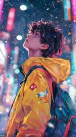 Neon snowfall drifts around a wistful wanderer in yellow.