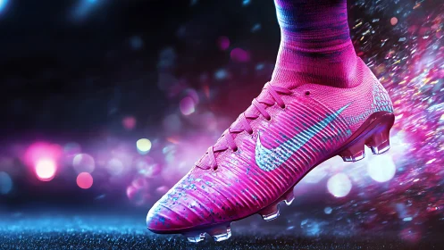 Iridescent magenta football cleat in dynamic stadium light.