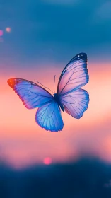 Iridescent blue butterfly glows against gradient sunset sky.
