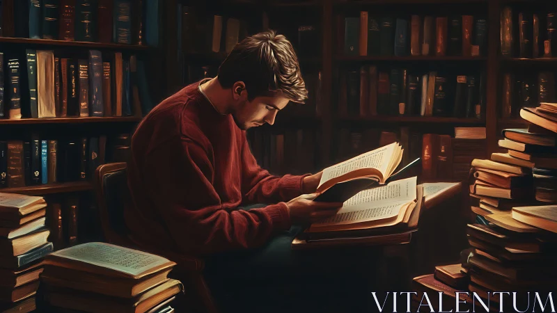 Focused student studies surrounded by towering library books.