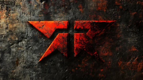 Bold red geometric emblem rests on a rugged dark wall