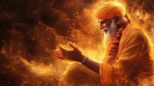 Mystic elder meditates within swirling firelit aura