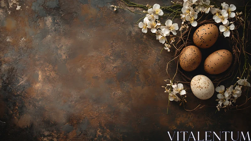 Speckled eggs in nest with white blossoms on rustic table.
