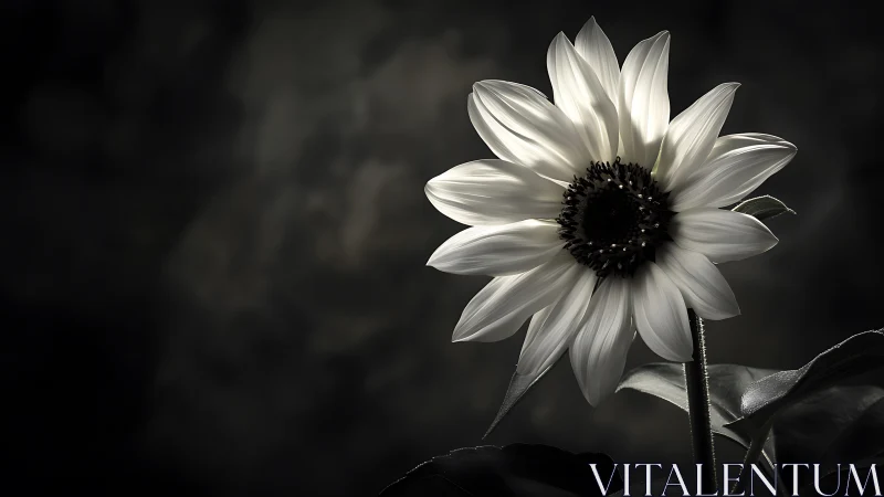 White sunflower glows against moody dark background.