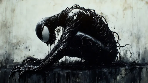 Dark symbiotic creature crouched in dripping black ink.