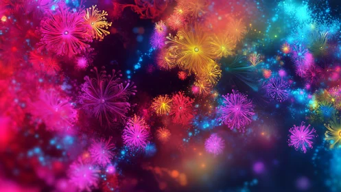 Vivid abstract bursts of neon floral light in deep space.