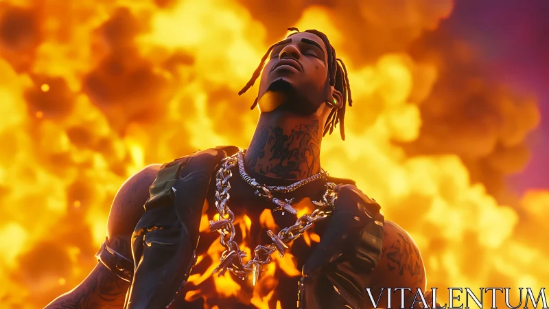 Stylized rapper avatar amid explosive orange firestorm.