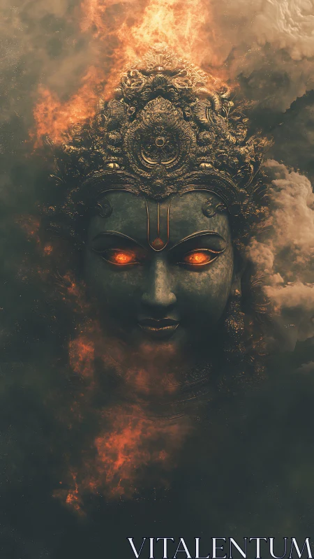 Divine stone visage rises through fire and dense smoke.