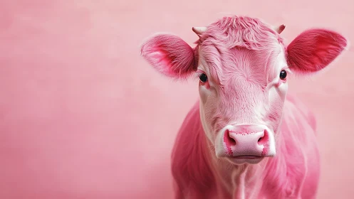 Surreal pink cow portrait on soft monochrome backdrop.