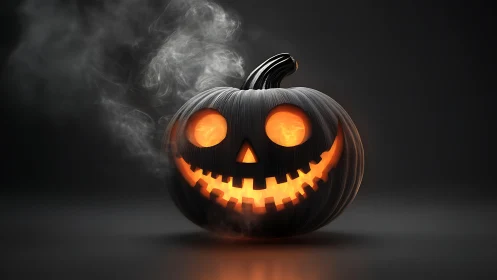 Glowing carved black jack o lantern with smoke detail.