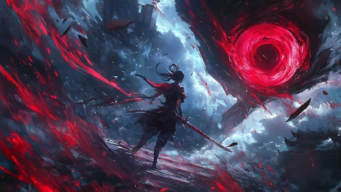 Samurai warrior confronting colossal crimson vortex portal