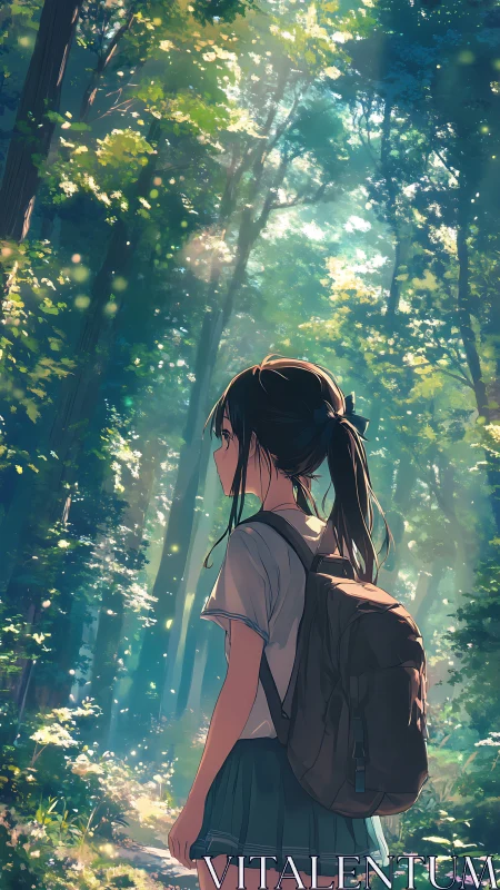 Backlit schoolgirl studies dappled light in dense forest path