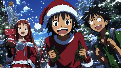 Festive anime friends in snowy nighttime Christmas street scene