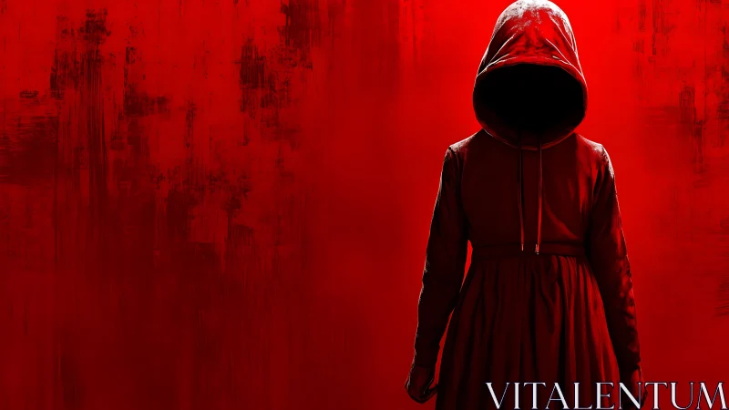 Hooded mystery figure in a bold red dream of suspense.